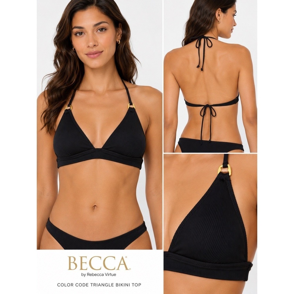 BECCA Bikini Top Sz Small Women Black Ribbed Triangle Gold Hardware $56 NWT